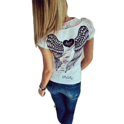 2015夏季速卖通爆款女式T恤  背部镂空 天使翅膀  蕾丝领边数据包