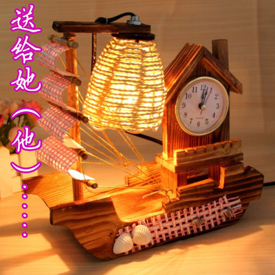 创意田园风格复古木质帆船台灯卧室床头装饰工艺灯木质摆件礼品