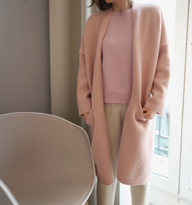 韩版新款加厚粗线纯色中长款针织开衫外套女毛衣潮女6017
