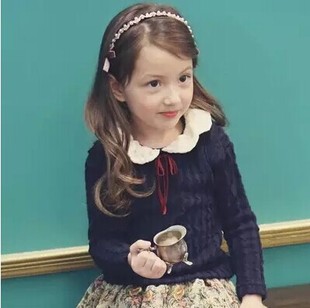 韩国童装2015女童秋冬款针织毛衣纯色高贵圆领长袖加绒针织衫