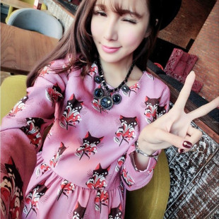 2104秋季女装新品韩版女装精致可爱小猫咪印花长袖修身雪纺连衣裙