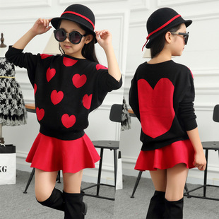 2015新款韩版童套装女童冬款中大童儿童针织爱心T恤童装