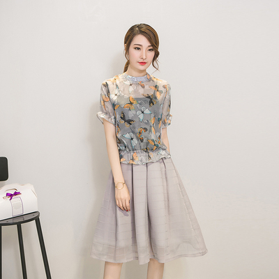 女装夏装2016新款潮韩版两件套装裙子短袖a字裙欧根纱印花套装裙