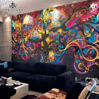 3d立体墙纸电视背景墙创意发财树抽象酒吧咖啡厅欧式壁画个性壁纸