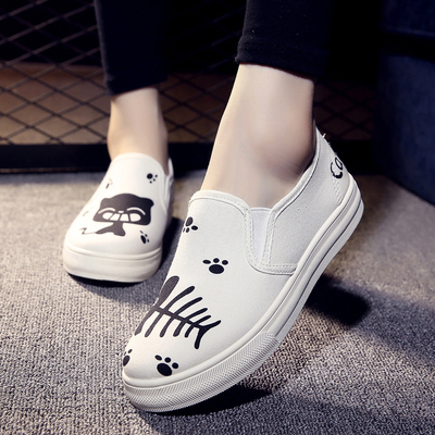 2015秋季韩版潮猫吃鱼一脚蹬女学生涂鸦帆布鞋懒人鞋布鞋子板鞋
