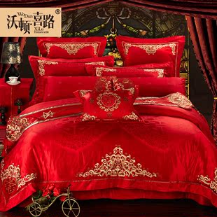 沃顿·喜路中式大红色四件套婚庆刺绣床上用品六件套十件套双喜字