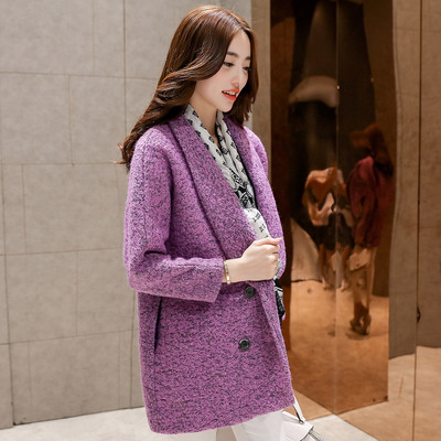 韩版时尚紫色羊毛呢外套宽松直筒西装领女士加厚双排扣大衣短款