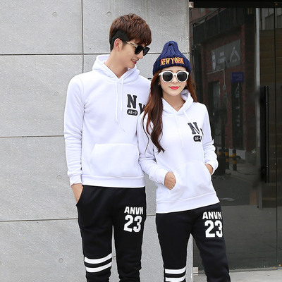 英文字母印花情侣款套头卫衣套装时尚韩版修身款二色白色6616P70