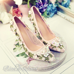 欧美立体花朵高跟鞋珠片亮片细跟尖头粉色宴会鞋花仙子系列女鞋