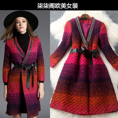 欧美秋冬季时尚高端大牌新款女装撞色渐变色V领羊毛呢子外套大衣