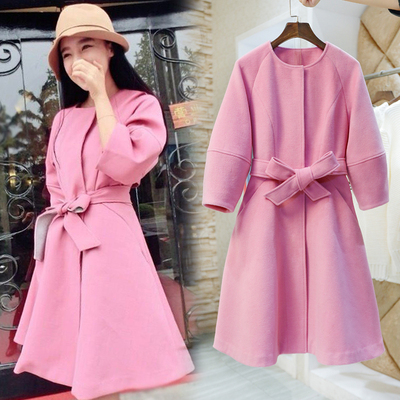 2015秋冬新款女装韩版粉色毛呢外套女秋中长款修身羊绒呢子大衣潮