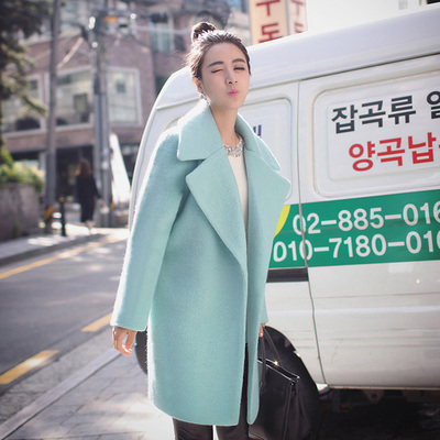 2015秋冬新款甜美夹棉加厚中长款毛呢外套韩版呢子外套薄荷绿外套