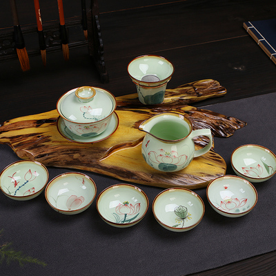 新款热卖手绘青瓷茶具整套功夫茶具手工绘制荷花莲花陶瓷茶具包邮