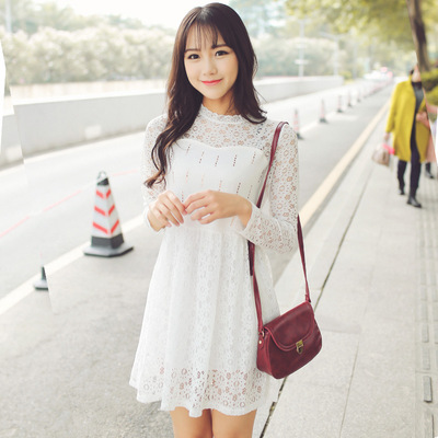 2016春季女装新款韩版蕾丝收腰连衣裙胸前亮片拼接设计短裙