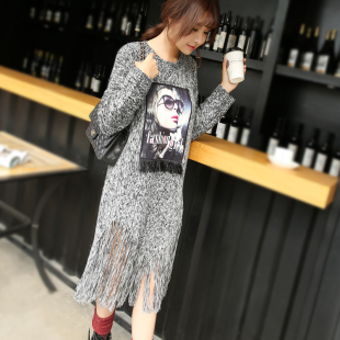 原创2015冬装毛衣女韩版中长款宽松加厚针织羊毛衫流苏女打底衫