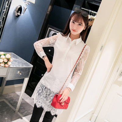 2016秋季新款 女装 韩版中长款长袖宽松拼接蕾丝衫