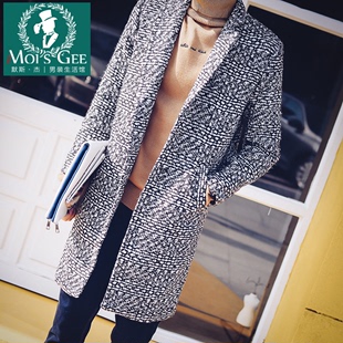 2015冬季韩版修身男士中长款毛呢外套保暖黑白色格子大衣风衣外套