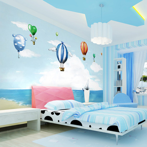 卡通环保无缝大型壁画墙纸儿童房温馨卧室床头背景无纺布气球蓝天