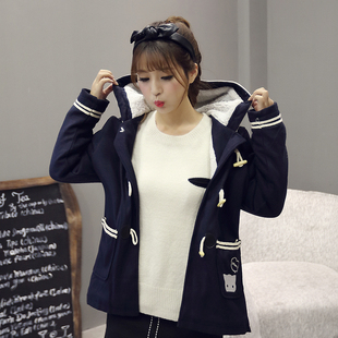 2015冬装新款 韩版时尚 短款毛呢大衣 羊羔毛连帽女外套 学生上衣