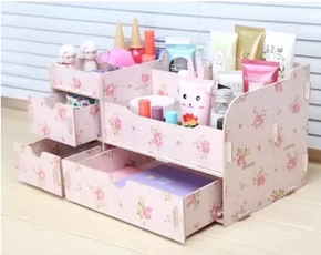 韩式DIY创意化妆品收纳盒 木质 桌面带抽屉收纳盒置物盒