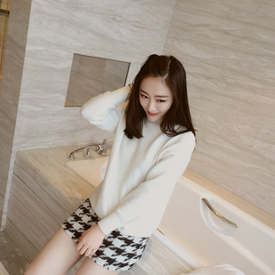 2015秋冬新款韩版白色宽松显长袖套头针织衫兔绒毛衣外套女加厚