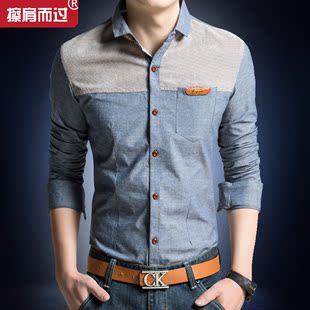 CJEG2015夏季男士短袖衬衫韩版修身牛仔纯棉衬衣纯色商务大码男装