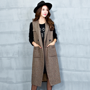 2015韩版秋冬装新款女式马甲背心中长款过膝盖羊毛呢子呢大衣外套