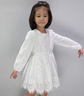 儿童连衣裙长袖纯白色裙子春秋款2016新款女童花边蕾丝公主裙韩版