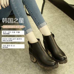 2015韩版秋冬新款短筒加绒马丁靴粗跟高跟侧拉链女短靴