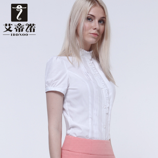 立领职业装纯白2015女衬衫新款短袖花边衬衣长袖韩版修身寸衫面试