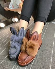 欧洲站韩版新品立体兔耳朵獭兔毛平跟短靴及踝靴机车靴潮鞋女鞋子