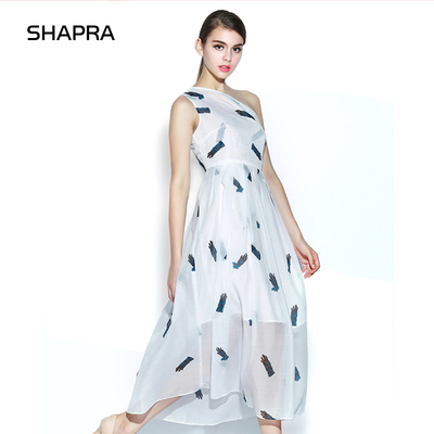 Shapra/香贝拉2015夏装新款连衣裙大码修身斜肩印花不规则长裙女