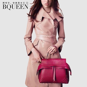 Bqueen2016秋装新款欧美时尚气质PU皮翻领长袖风衣外套女中长款