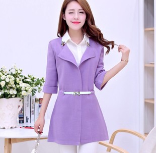2015韩版春秋季新款中袖带腰带平板中长版女装针织开衫
