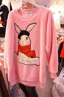 韩国东大门2015韩版学生套头毛绒卫衣女潮卡通兔子毛茸茸打底绒衫