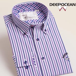 Deepocean2015春秋新款男长袖衬衫条纹商务休闲纯棉修身型衬衣
