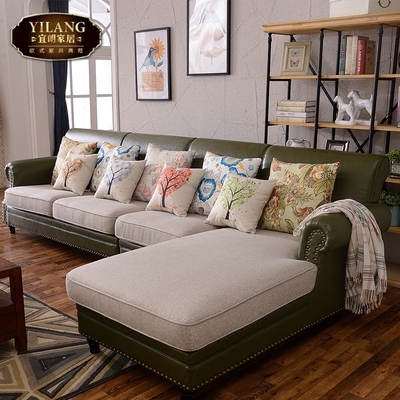 宜朗美式真皮布艺沙发组合美式乡村转角组合可拆洗沙发小户型客厅