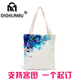 DIGELAMU日韩甜美印花简洁帆布单肩包女士手提布包购物袋环保袋