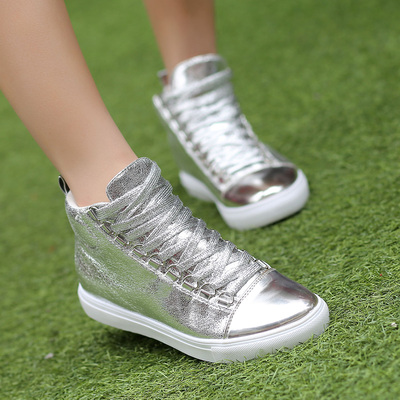 2015春夏季亮片高帮单鞋女鞋韩版系带学生平底休闲鞋子坡跟运动鞋