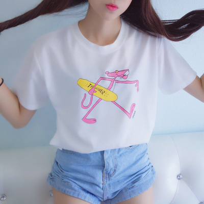 2016年学院风韩国 可爱 萌萌哒 粉红豹印花 T恤短袖女学生纯色T恤
