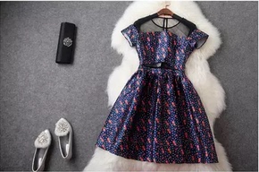 欧洲站2015春夏新款欧美时尚印花波点拼接纱网修身显瘦连衣裙