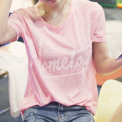 依久佳竹节棉T恤女装短袖2016夏季宽松印花字母粉色体恤时尚韩版