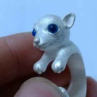 巧魂原创  纯手工雕刻小动物吉娃娃纯银戒指开口指环宝石镶嵌包邮