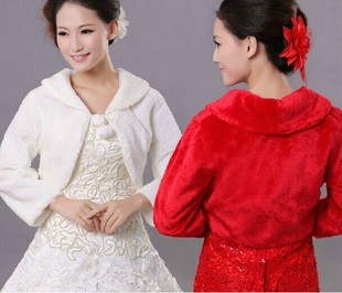 新款婚纱礼服冬季新娘结婚披肩伴娘毛披肩加厚保暖白色 红色披肩