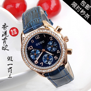 正品香港古欧手表 真皮带日历高档时尚女士六针多功能镶钻手表