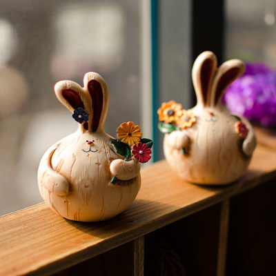 家居饰品树脂工艺品摆件田园客厅隔板装饰创意可爱动物兔子一对