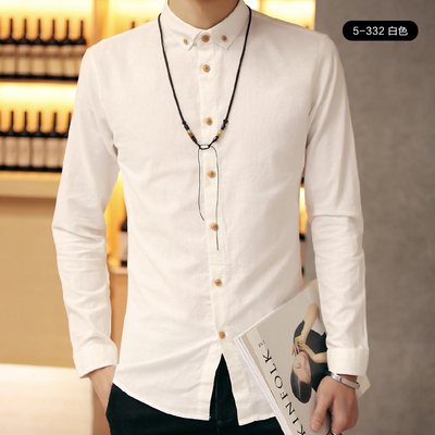 韩版男士休闲长袖亚麻白色衬衫修身纯色衬衣青年棉麻打底衬衫男装