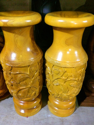 装饰花瓶一对木雕工艺品 花艺 收藏品 礼品 榧木 高档木材工艺品