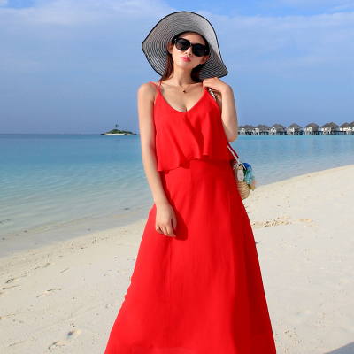 夏季性感波西米亚吊带雪纺海边度假红色显瘦女修身连衣裙裙子