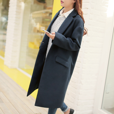 2015春冬季新品女装韩版大码宽松超长款纯色毛呢外套气质大衣女潮